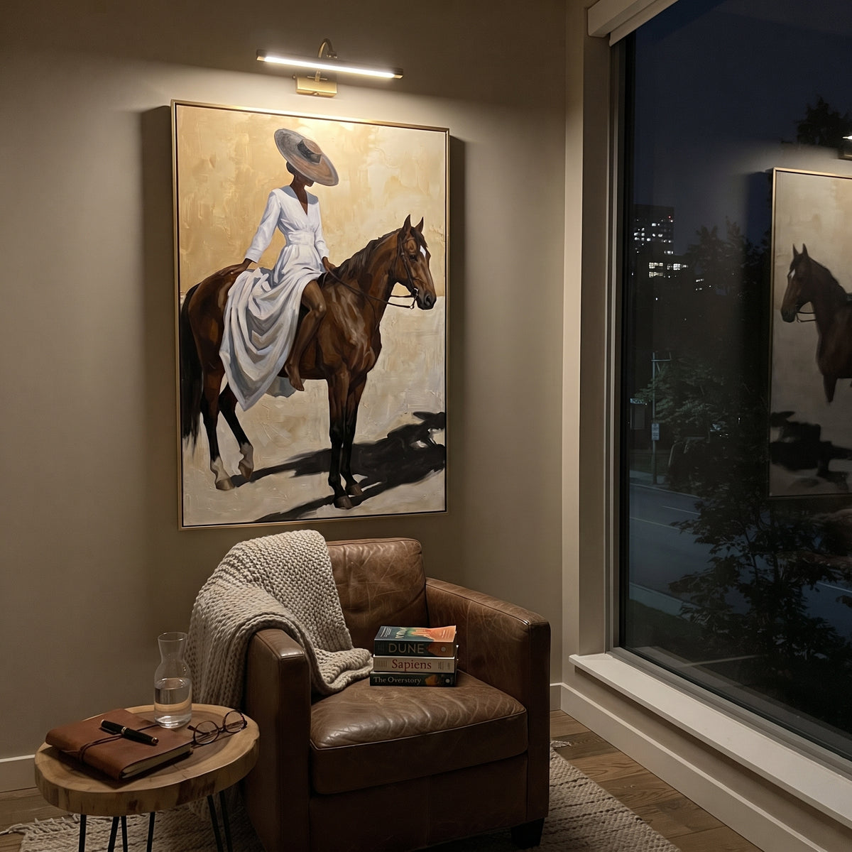 Blue Dress Full Horse Shadow focuses on blue dress full horse shadow with pale blue dress, broad black hat, brown horse body, reins, shadows, and cream studio ground. The composition is built from the exact pose, clothing shape, accessories, furniture, animal form, shoreline, palm shape, surfboard, or table arrangement visible in this artwork, so the image reads as a specific modern figurative painting rather than a generic decorative abstract. The blue; brown; cream palette gives the piece its