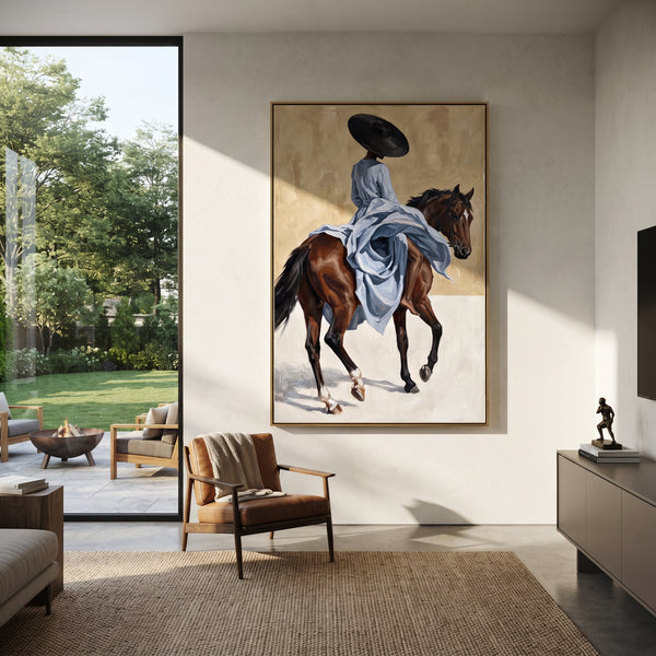 "Blue Dress Trotting Horse" - Modern Heavy Impasto Beach Figure Artwork | Blue & Brown Palette Knife Painting | Luxury Vertical Wall Art #PT 2705