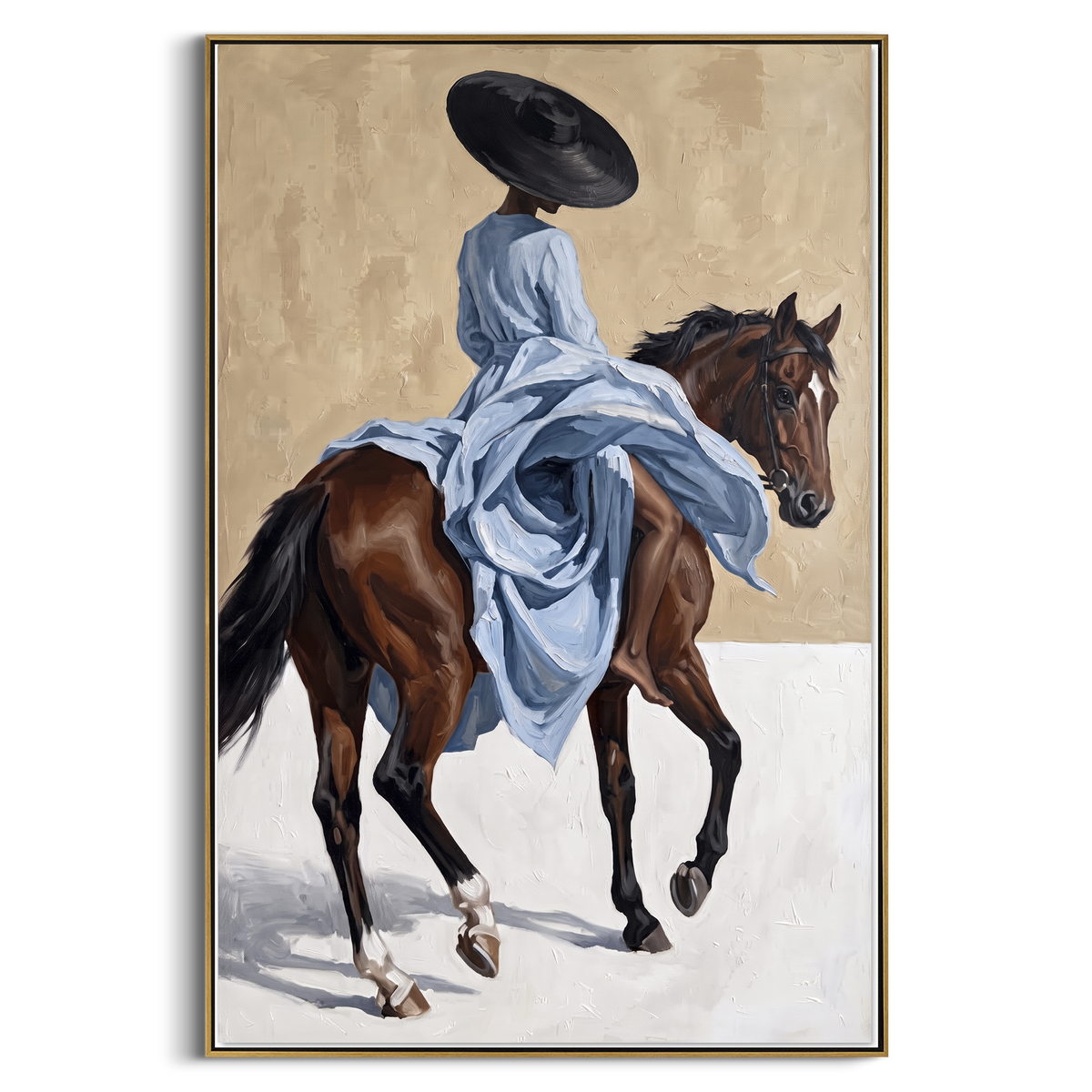 "Blue Dress Trotting Horse" - Modern Heavy Impasto Beach Figure Artwork | Blue & Brown Palette Knife Painting | Luxury Vertical Wall Art #PT 2705