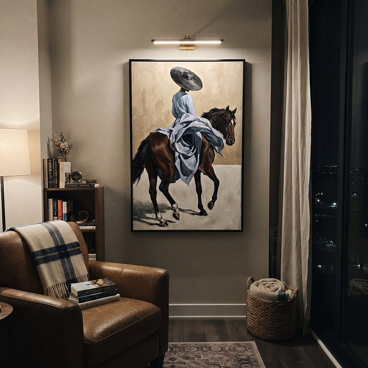 Blue Dress Trotting Horse focuses on blue dress trotting horse with pale blue dress, broad black hat, brown horse body, reins, shadows, and cream studio ground. The composition is built from the exact pose, clothing shape, accessories, furniture, animal form, shoreline, palm shape, surfboard, or table arrangement visible in this artwork, so the image reads as a specific modern figurative painting rather than a generic decorative abstract. The blue; brown; cream palette gives the piece its main