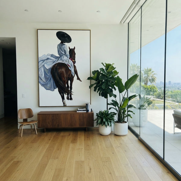 "Blue Dress Back Horse" - Modern Heavy Impasto Beach Figure Artwork | Blue & Brown Palette Knife Painting | Luxury Vertical Wall Art #PT 2706