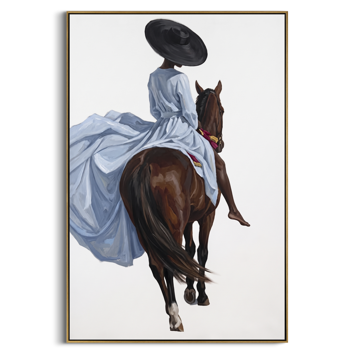 "Blue Dress Back Horse" - Modern Heavy Impasto Beach Figure Artwork | Blue & Brown Palette Knife Painting | Luxury Vertical Wall Art #PT 2706