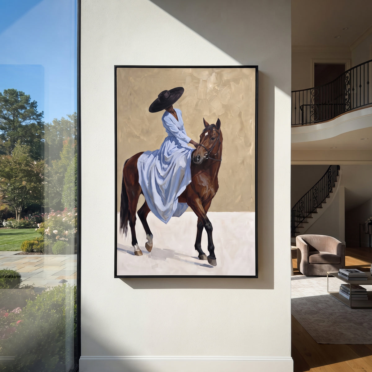 Small Blue Rider Horse focuses on small blue rider horse with pale blue dress, broad black hat, brown horse body, reins, shadows, and cream studio ground. The composition is built from the exact pose, clothing shape, accessories, furniture, animal form, shoreline, palm shape, surfboard, or table arrangement visible in this artwork, so the image reads as a specific modern figurative painting rather than a generic decorative abstract. The blue; brown; cream palette gives the piece its main