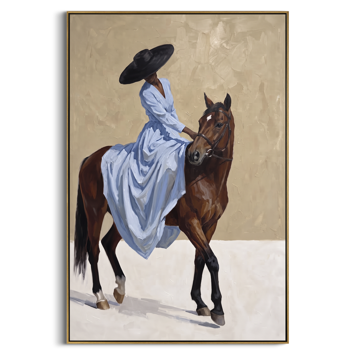 "Small Blue Rider Horse" - Modern Heavy Impasto Beach Figure Artwork | Blue & Brown Palette Knife Painting | Luxury Vertical Wall Art #PT 2707