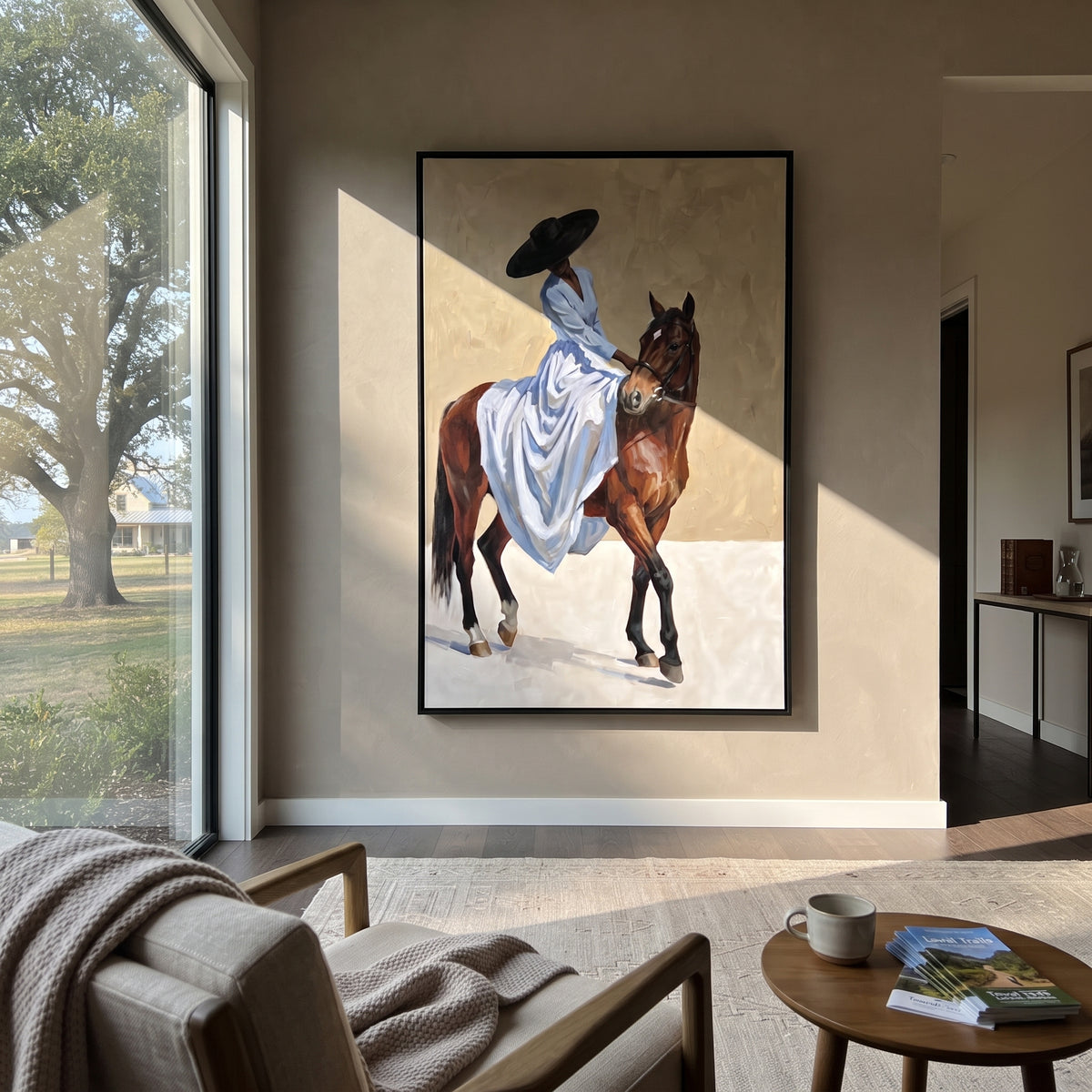 Small Blue Rider Horse focuses on small blue rider horse with pale blue dress, broad black hat, brown horse body, reins, shadows, and cream studio ground. The composition is built from the exact pose, clothing shape, accessories, furniture, animal form, shoreline, palm shape, surfboard, or table arrangement visible in this artwork, so the image reads as a specific modern figurative painting rather than a generic decorative abstract. The blue; brown; cream palette gives the piece its main