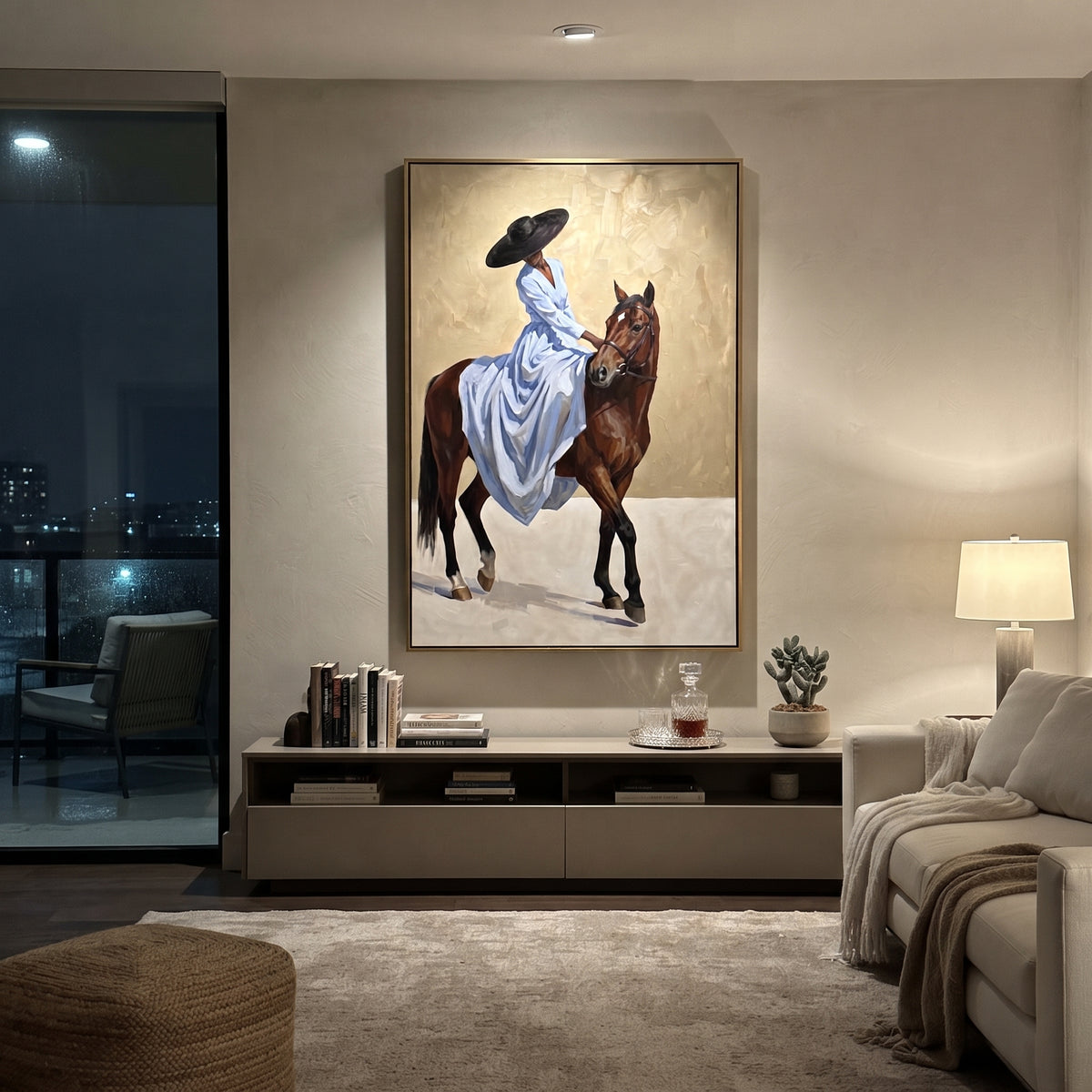 Small Blue Rider Horse focuses on small blue rider horse with pale blue dress, broad black hat, brown horse body, reins, shadows, and cream studio ground. The composition is built from the exact pose, clothing shape, accessories, furniture, animal form, shoreline, palm shape, surfboard, or table arrangement visible in this artwork, so the image reads as a specific modern figurative painting rather than a generic decorative abstract. The blue; brown; cream palette gives the piece its main