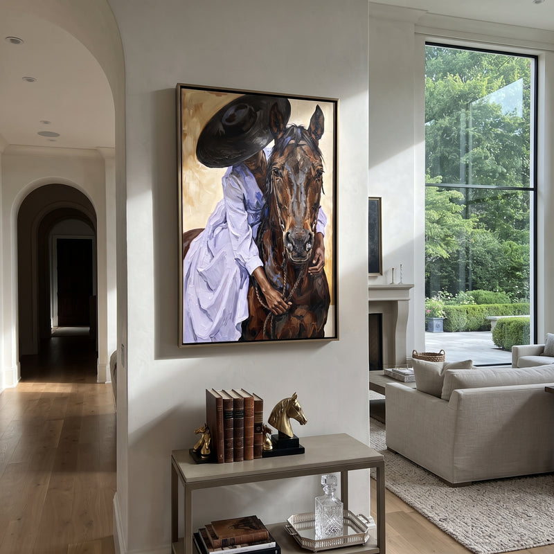 "Purple Dress Horse Closeup" - Modern Heavy Impasto Beach Figure Artwork | Blue & Brown Palette Knife Painting | Luxury Vertical Wall Art #PT 2708