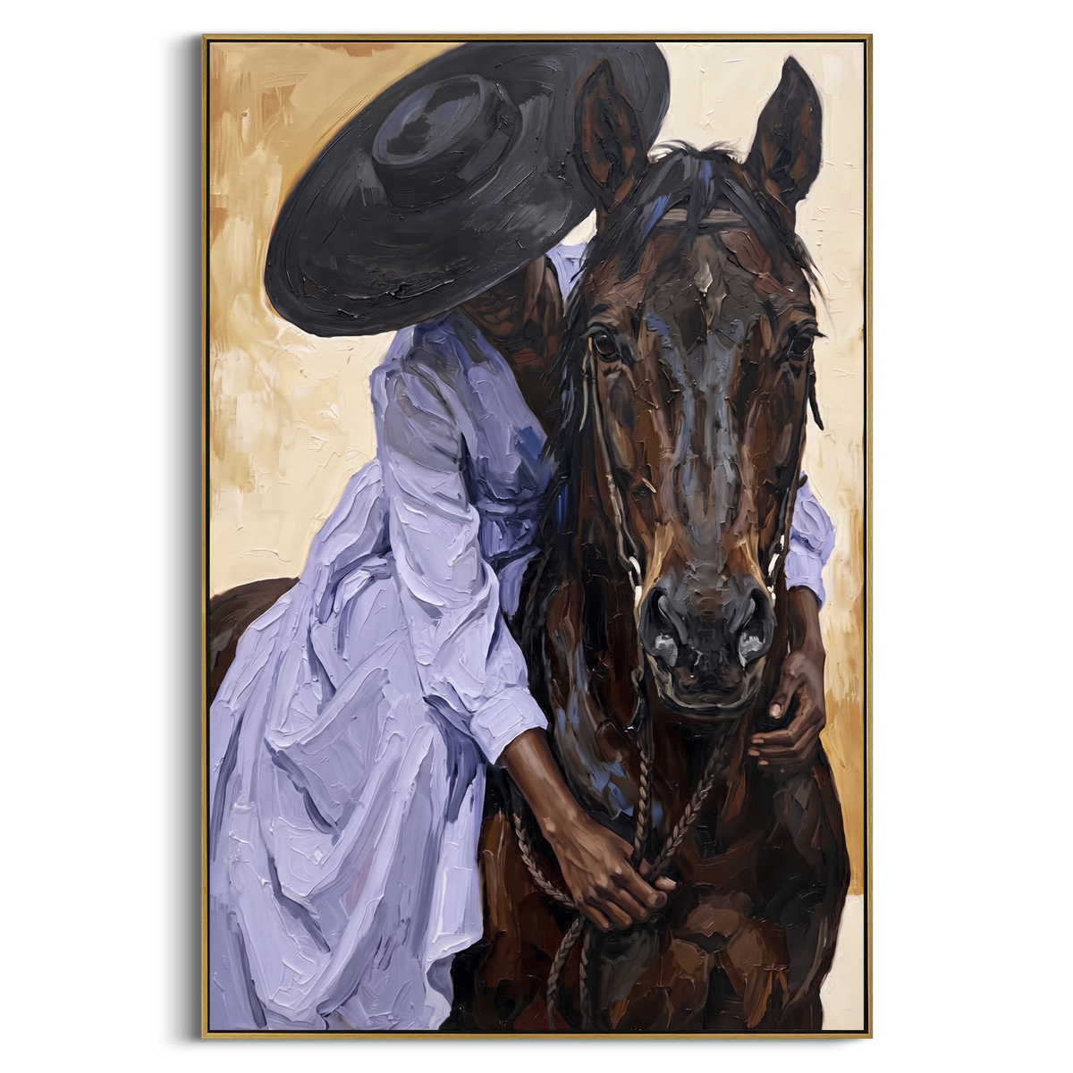 "Purple Dress Horse Closeup" - Modern Heavy Impasto Beach Figure Artwork | Blue & Brown Palette Knife Painting | Luxury Vertical Wall Art #PT 2708