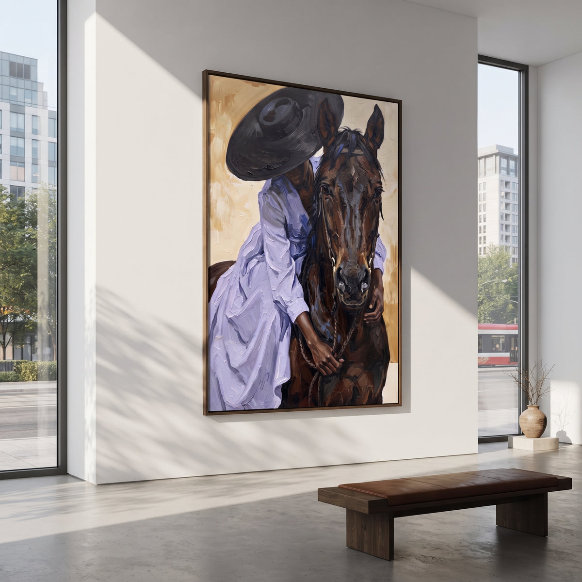 Purple Dress Horse Closeup focuses on purple dress horse closeup with pale blue dress, broad black hat, brown horse body, reins, shadows, and cream studio ground. The composition is built from the exact pose, clothing shape, accessories, furniture, animal form, shoreline, palm shape, surfboard, or table arrangement visible in this artwork, so the image reads as a specific modern figurative painting rather than a generic decorative abstract. The blue; brown; cream palette gives the piece its main