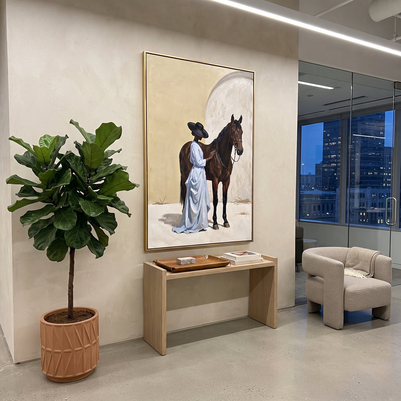 "Arched Horse Companion" - Modern Heavy Impasto Beach Figure Artwork | Blue & Brown Palette Knife Painting | Luxury Vertical Wall Art #PT 2709