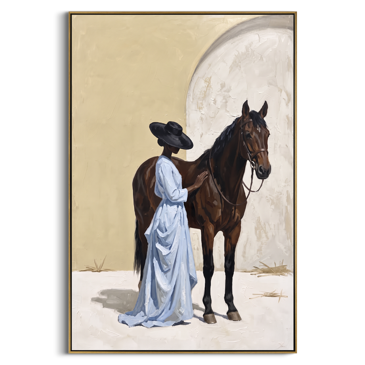 "Arched Horse Companion" - Modern Heavy Impasto Beach Figure Artwork | Blue & Brown Palette Knife Painting | Luxury Vertical Wall Art #PT 2709