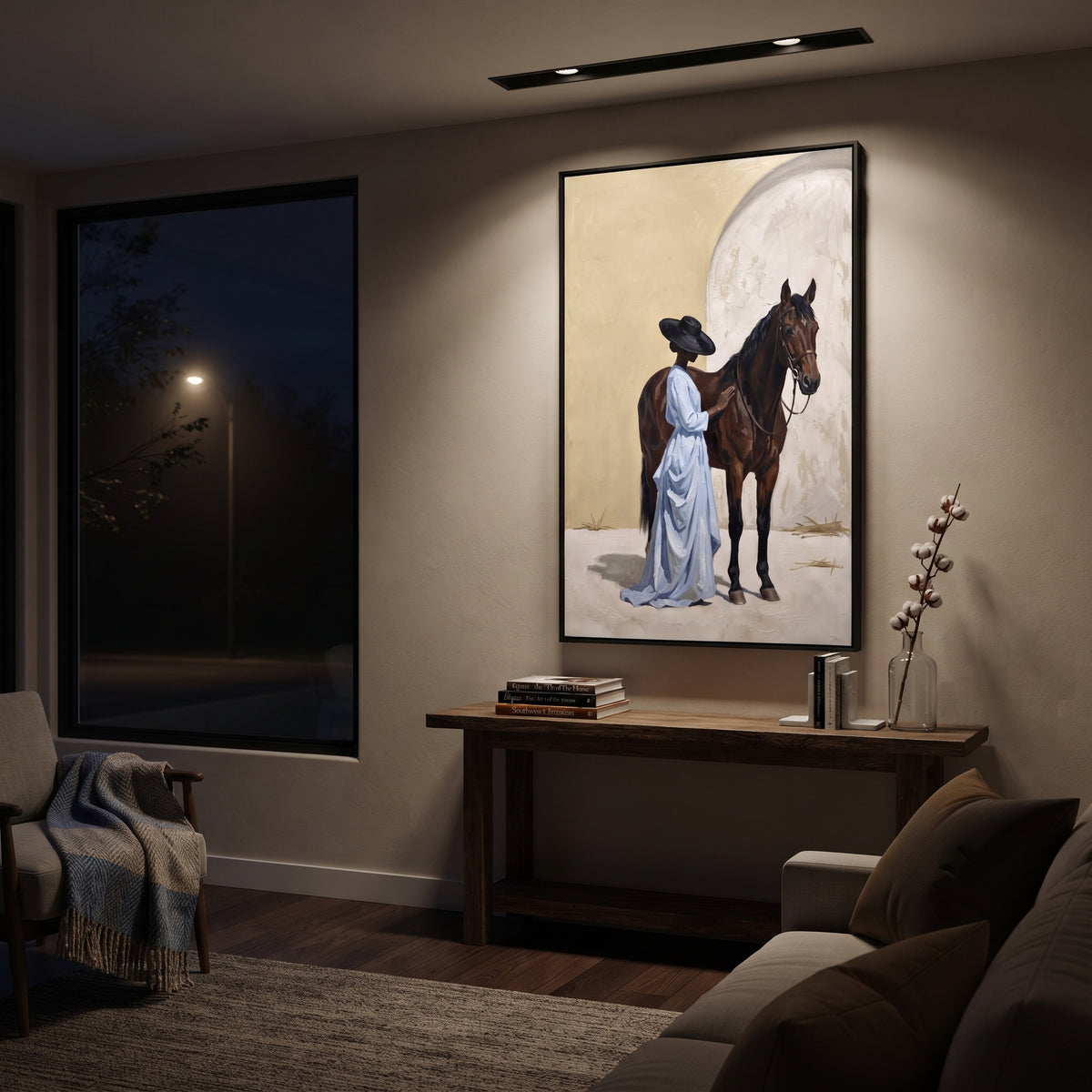 Arched Horse Companion focuses on arched horse companion with pale blue dress, broad black hat, brown horse body, reins, shadows, and cream studio ground. The composition is built from the exact pose, clothing shape, accessories, furniture, animal form, shoreline, palm shape, surfboard, or table arrangement visible in this artwork, so the image reads as a specific modern figurative painting rather than a generic decorative abstract. The blue; brown; cream palette gives the piece its main