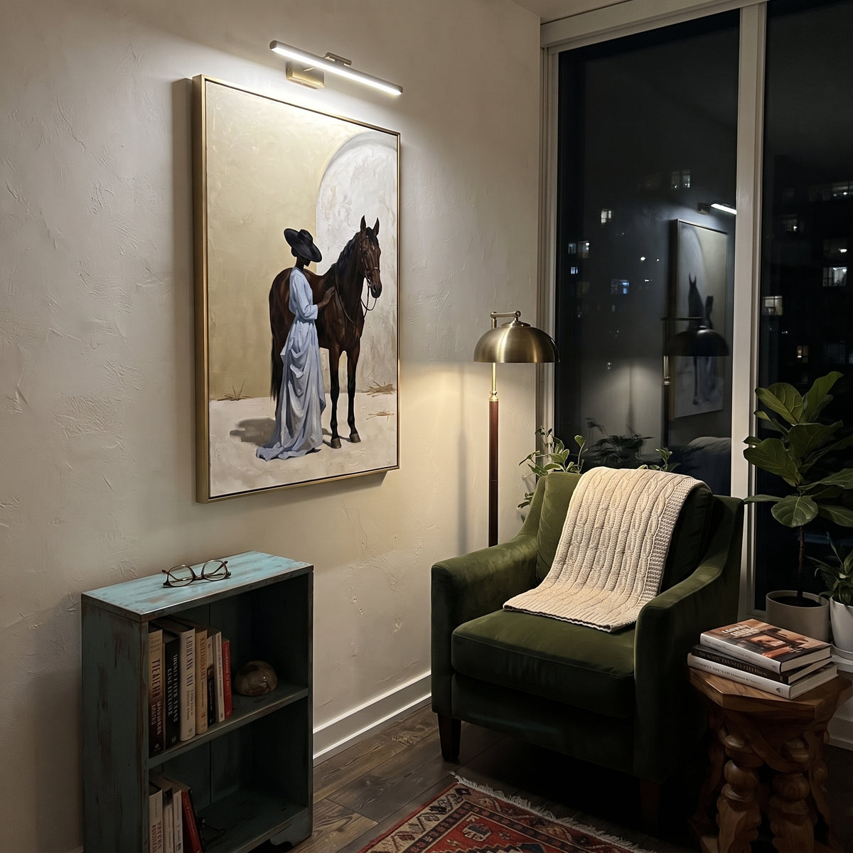 Arched Horse Companion focuses on arched horse companion with pale blue dress, broad black hat, brown horse body, reins, shadows, and cream studio ground. The composition is built from the exact pose, clothing shape, accessories, furniture, animal form, shoreline, palm shape, surfboard, or table arrangement visible in this artwork, so the image reads as a specific modern figurative painting rather than a generic decorative abstract. The blue; brown; cream palette gives the piece its main