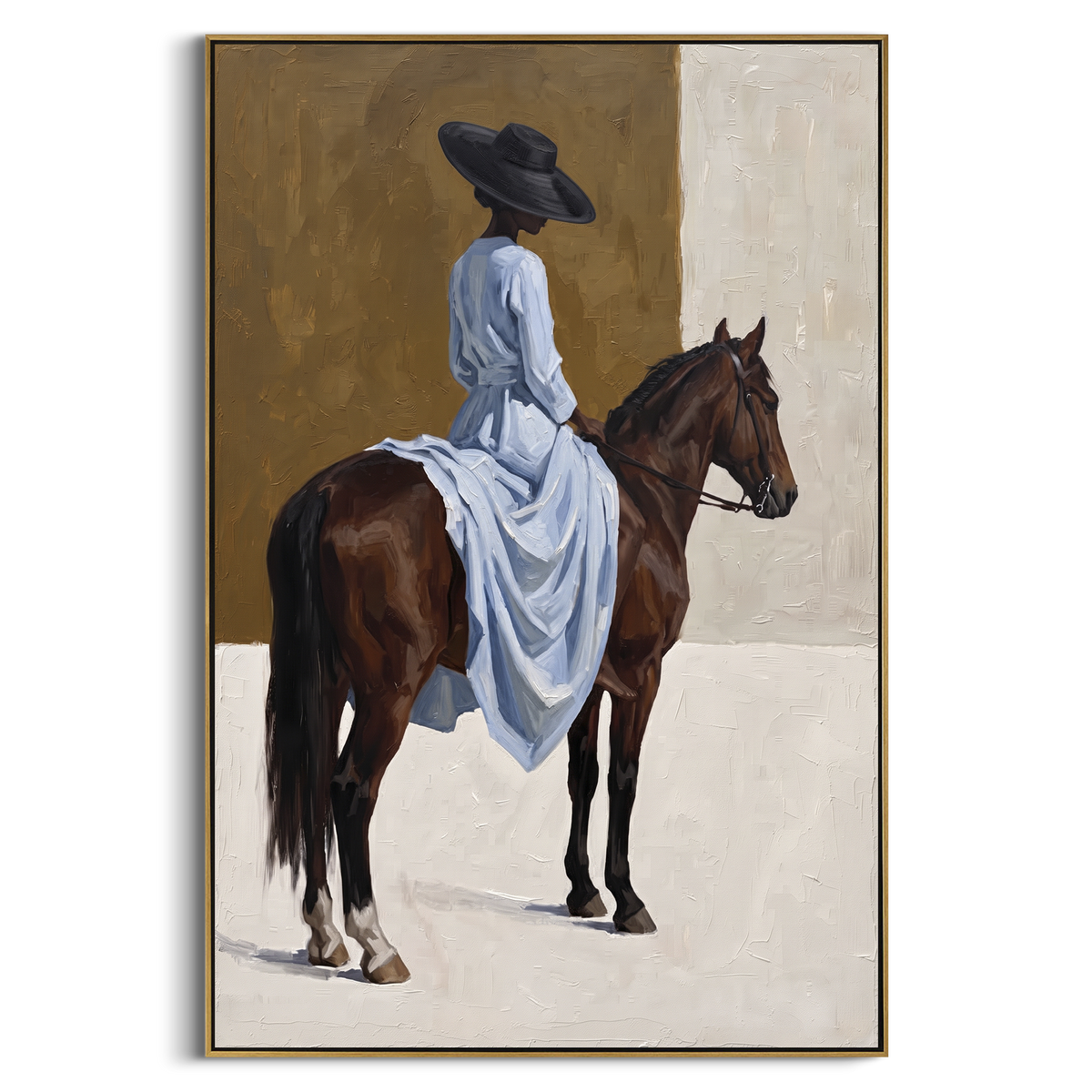 "Blue Dress Rear Horse Wall" - Modern Heavy Impasto Beach Figure Artwork | Blue & Brown Palette Knife Painting | Luxury Vertical Wall Art #PT 2710