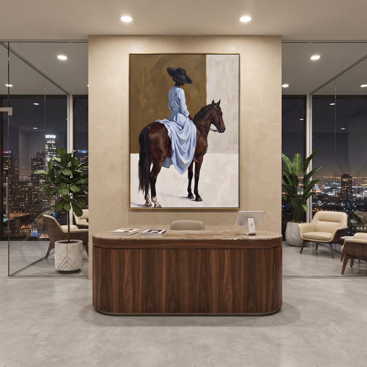 Blue Dress Rear Horse Wall focuses on blue dress rear horse wall with pale blue dress, broad black hat, brown horse body, reins, shadows, and cream studio ground. The composition is built from the exact pose, clothing shape, accessories, furniture, animal form, shoreline, palm shape, surfboard, or table arrangement visible in this artwork, so the image reads as a specific modern figurative painting rather than a generic decorative abstract. The blue; brown; cream palette gives the piece its main