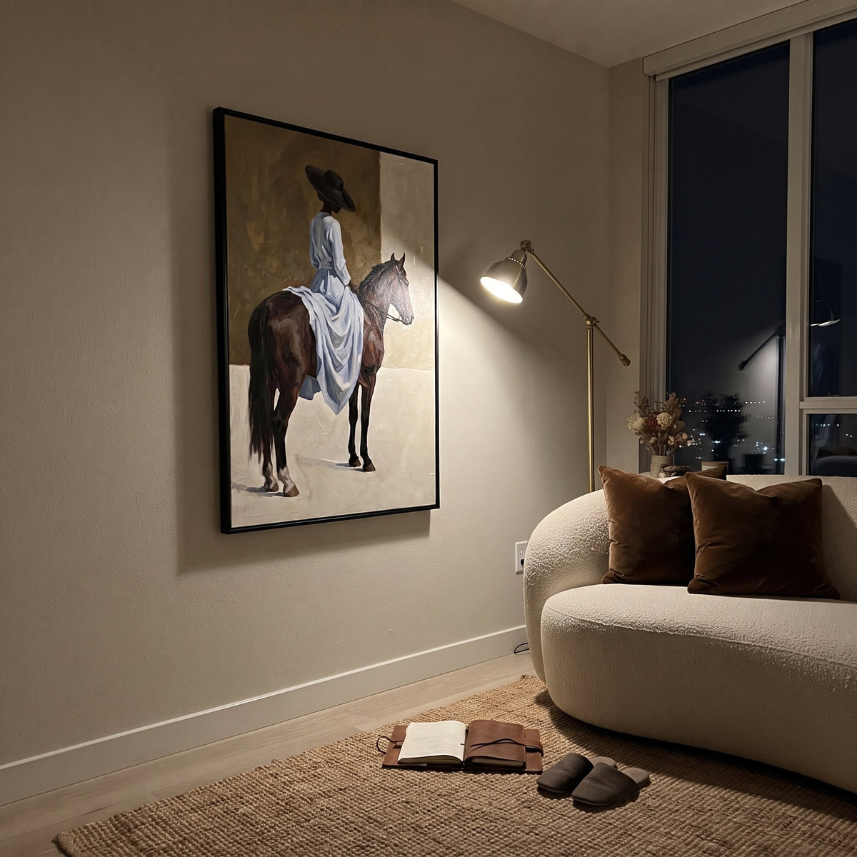 Blue Dress Rear Horse Wall focuses on blue dress rear horse wall with pale blue dress, broad black hat, brown horse body, reins, shadows, and cream studio ground. The composition is built from the exact pose, clothing shape, accessories, furniture, animal form, shoreline, palm shape, surfboard, or table arrangement visible in this artwork, so the image reads as a specific modern figurative painting rather than a generic decorative abstract. The blue; brown; cream palette gives the piece its main