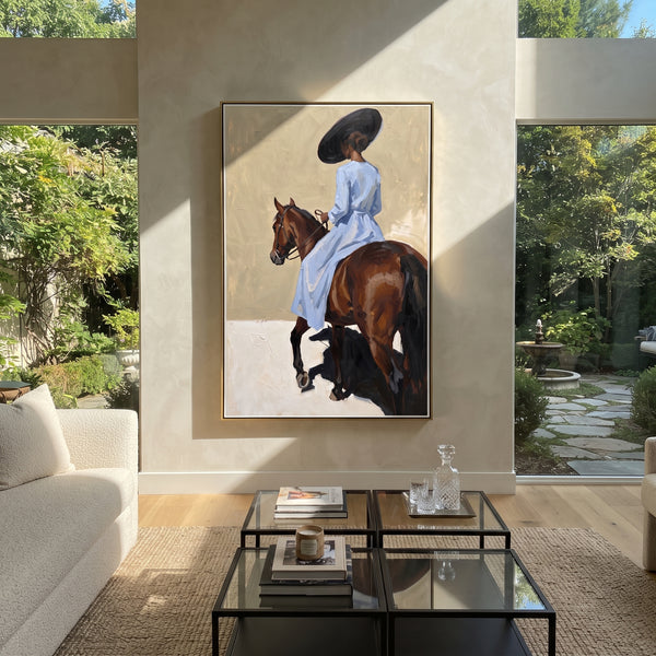 "Blue Rider Horse Turn" - Modern Heavy Impasto Beach Figure Artwork | Blue & Brown Palette Knife Painting | Luxury Vertical Wall Art #PT 2711