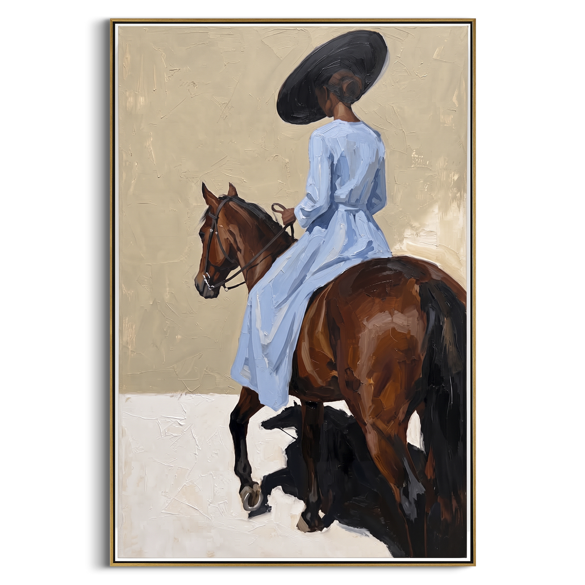 Blue Rider Horse Turn focuses on blue rider horse turn with pale blue dress, broad black hat, brown horse body, reins, shadows, and cream studio ground. The composition is built from the exact pose, clothing shape, accessories, furniture, animal form, shoreline, palm shape, surfboard, or table arrangement visible in this artwork, so the image reads as a specific modern figurative painting rather than a generic decorative abstract. The blue; brown; cream palette gives the piece its main