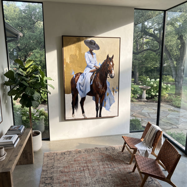 "Cowgirl Card Table Faceoff" - Modern Heavy Impasto Beach Figure Artwork | Green & Pink Palette Knife Painting | Luxury Vertical Wall Art #PT 2712