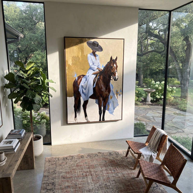 "Cowgirl Card Table Faceoff" - Modern Heavy Impasto Beach Figure Artwork | Green & Pink Palette Knife Painting | Luxury Vertical Wall Art #PT 2712