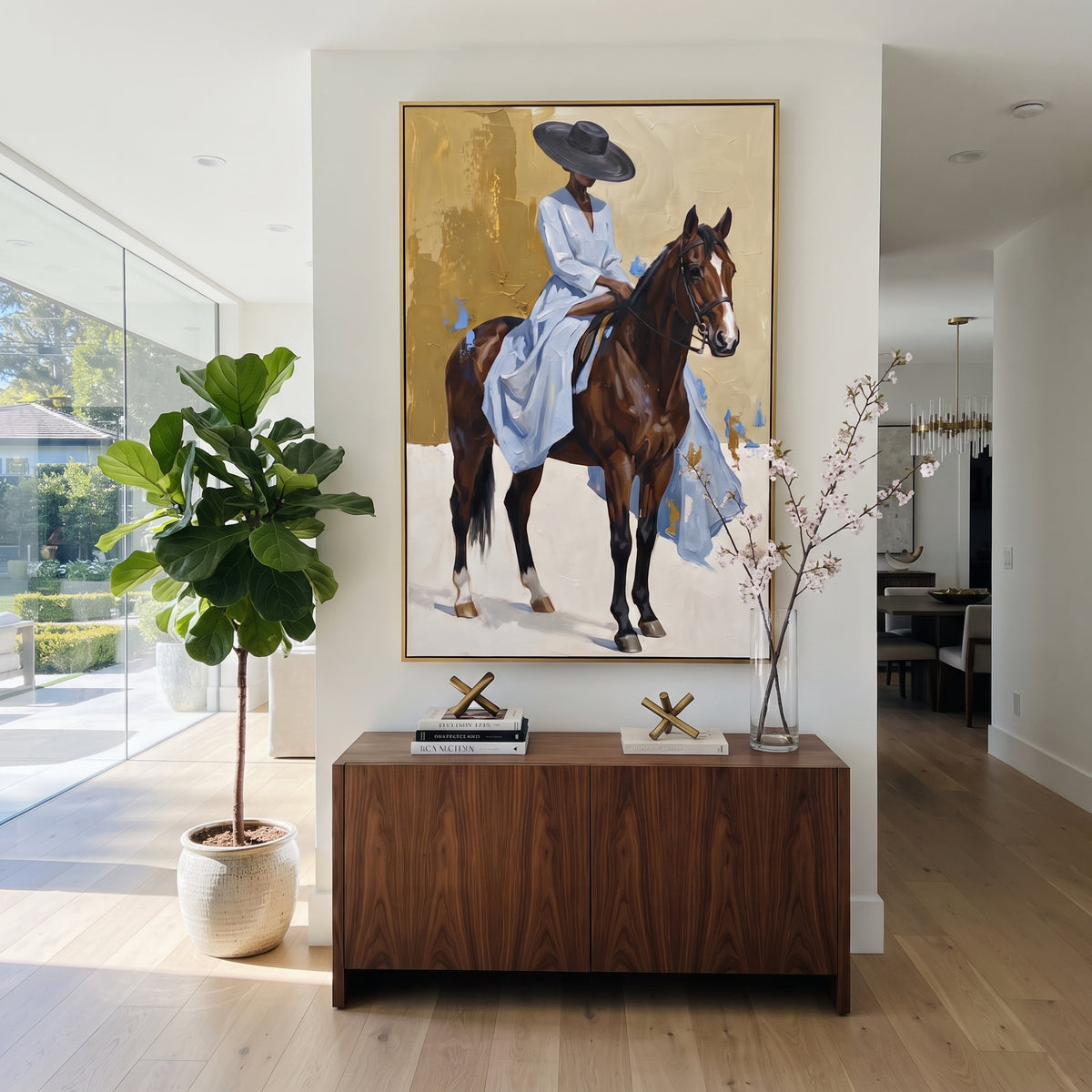 Cowgirl Card Table Faceoff focuses on cowgirl card table faceoff with two western figures, wide hats, black table or bar surface, martini glasses, floating playing cards, and dark olive saloon ground. The composition is built from the exact pose, clothing shape, accessories, furniture, animal form, shoreline, palm shape, surfboard, or table arrangement visible in this artwork, so the image reads as a specific modern figurative painting rather than a generic decorative abstract. The green; pink
