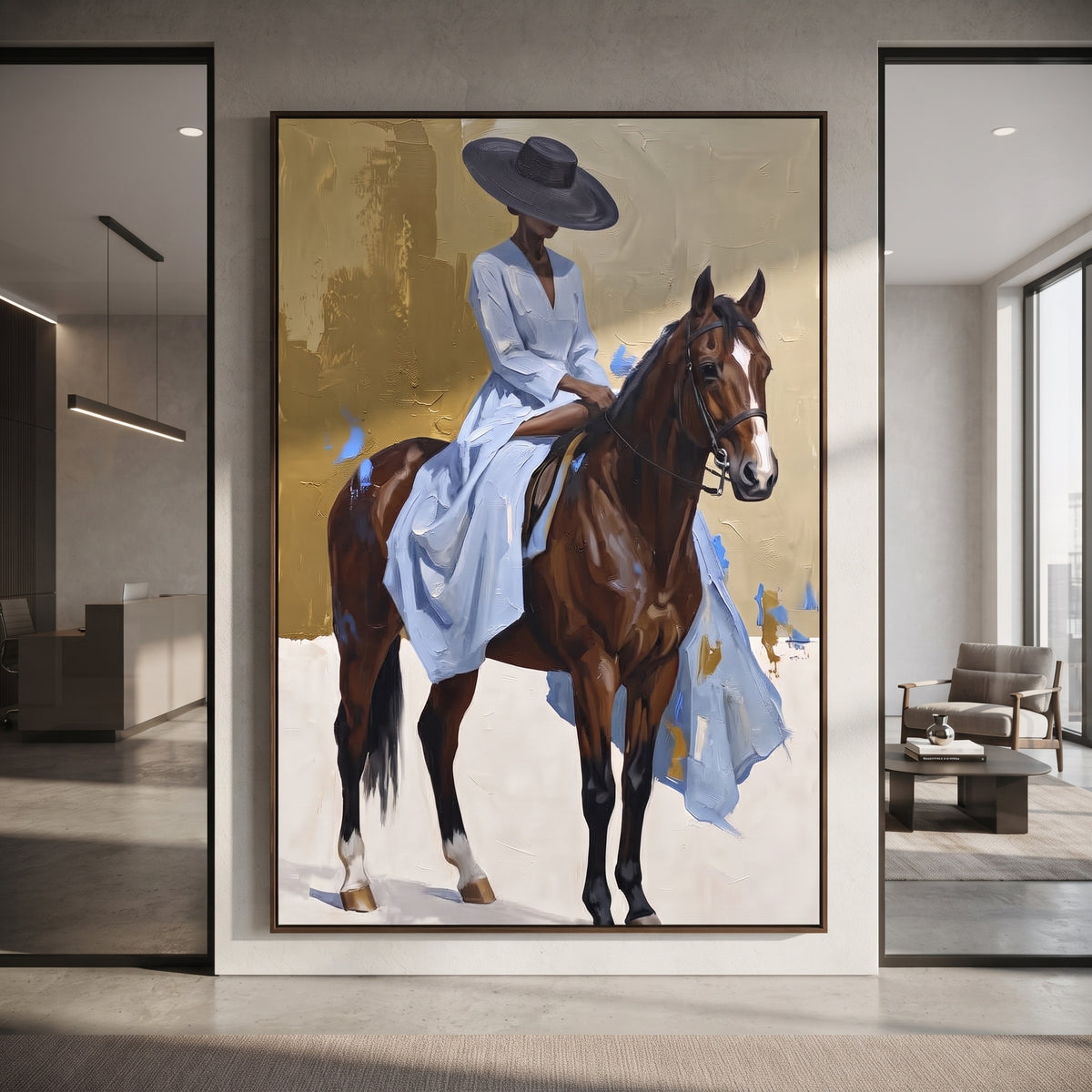 Cowgirl Card Table Faceoff focuses on cowgirl card table faceoff with two western figures, wide hats, black table or bar surface, martini glasses, floating playing cards, and dark olive saloon ground. The composition is built from the exact pose, clothing shape, accessories, furniture, animal form, shoreline, palm shape, surfboard, or table arrangement visible in this artwork, so the image reads as a specific modern figurative painting rather than a generic decorative abstract. The green; pink