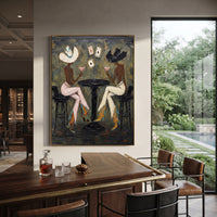 Cowgirl Card Table Pair focuses on cowgirl card table square with two western figures, wide hats, black table or bar surface, martini glasses, floating playing cards, and dark olive saloon ground. The composition is built from the exact pose, clothing shape, accessories, furniture, animal form, shoreline, palm shape, surfboard, or table arrangement visible in this artwork, so the image reads as a specific modern figurative painting rather than a generic decorative abstract. The green; pink