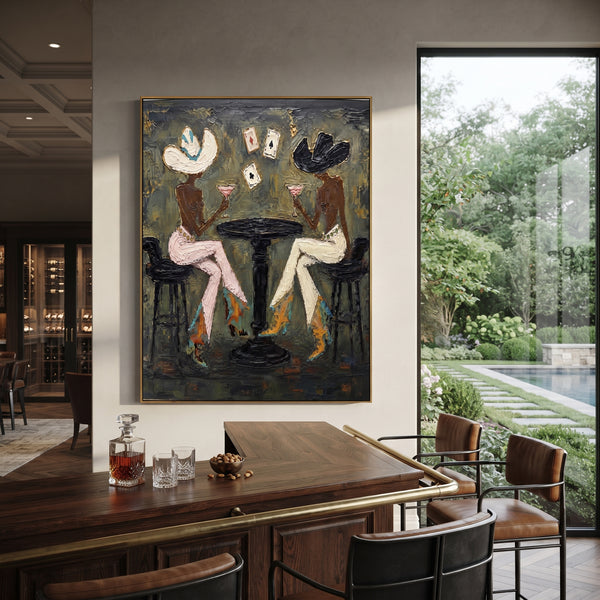 "Cowgirl Card Table Pair" - Modern Heavy Impasto Beach Figure Artwork | Green & Pink Palette Knife Painting | Luxury Vertical Wall Art #PT 2714