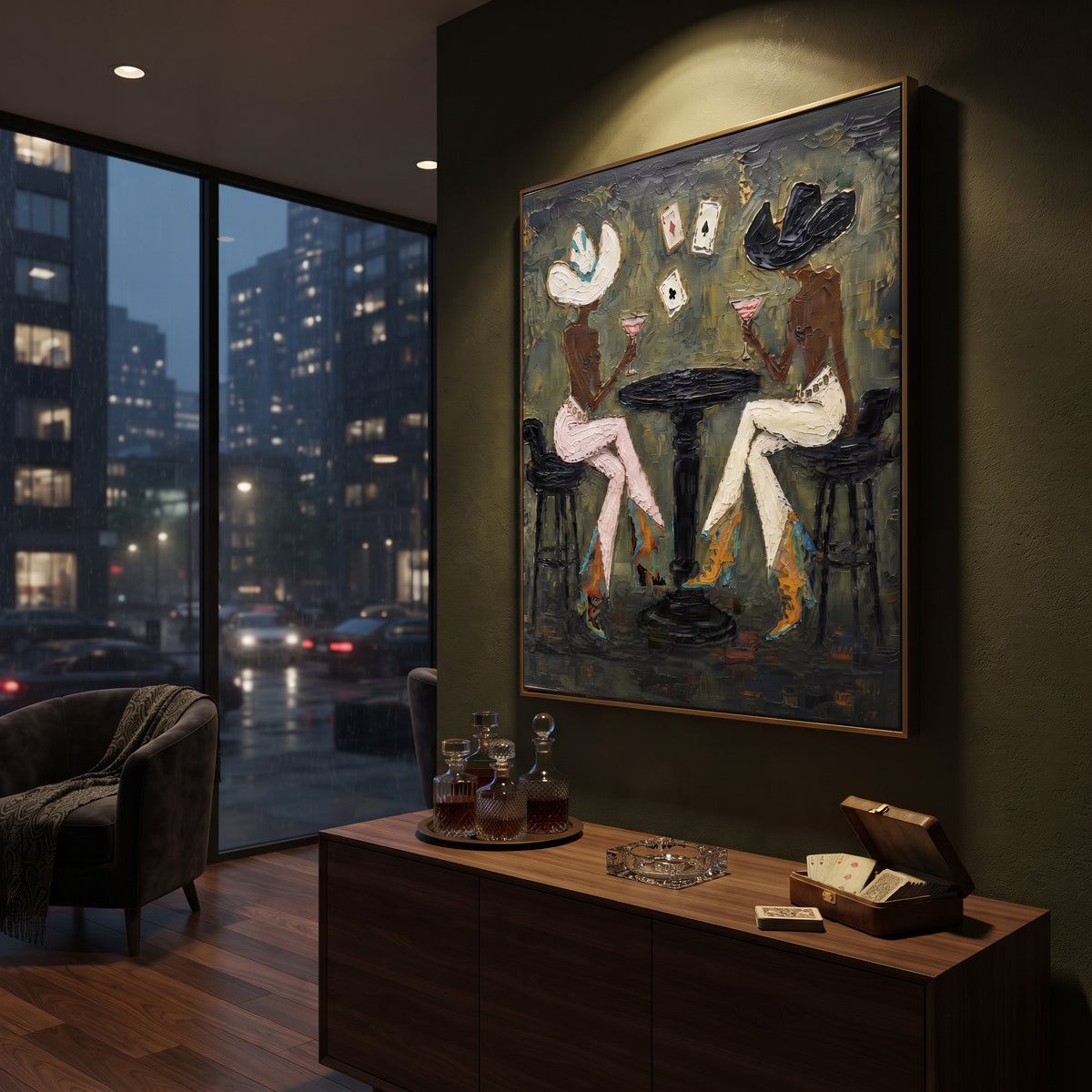Cowgirl Card Table Pair focuses on cowgirl card table square with two western figures, wide hats, black table or bar surface, martini glasses, floating playing cards, and dark olive saloon ground. The composition is built from the exact pose, clothing shape, accessories, furniture, animal form, shoreline, palm shape, surfboard, or table arrangement visible in this artwork, so the image reads as a specific modern figurative painting rather than a generic decorative abstract. The green; pink