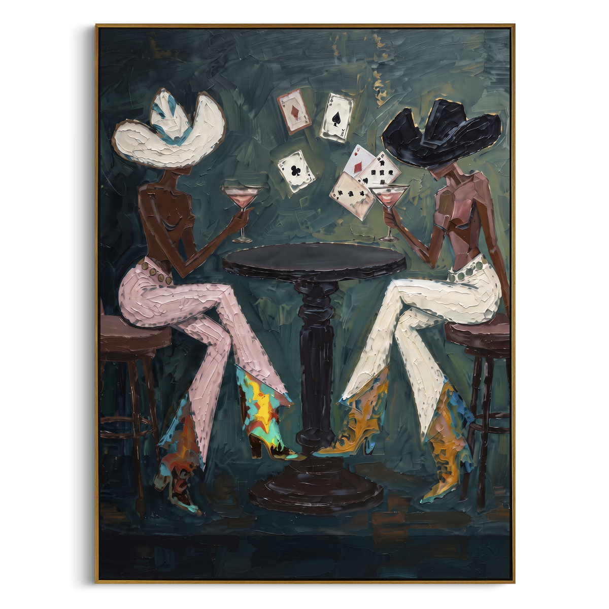 "Three Player Dark Poker Table" - Modern Heavy Impasto Beach Figure Artwork | Green & Pink Palette Knife Painting | Luxury Vertical Wall Art #PT 2716