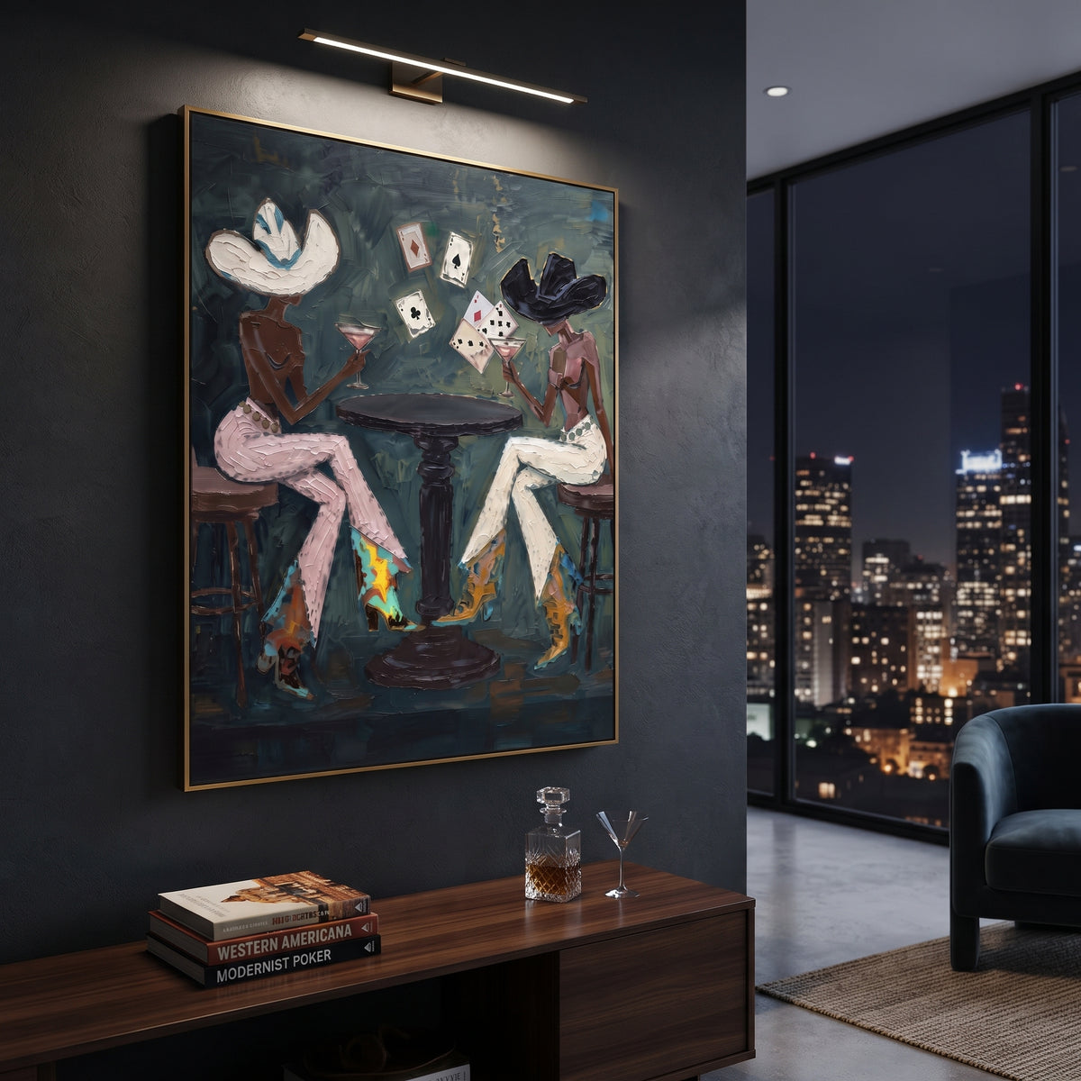 Three Player Dark Poker Table focuses on three player dark poker table with two western figures, wide hats, black table or bar surface, martini glasses, floating playing cards, and dark olive saloon ground. The composition is built from the exact pose, clothing shape, accessories, furniture, animal form, shoreline, palm shape, surfboard, or table arrangement visible in this artwork, so the image reads as a specific modern figurative painting rather than a generic decorative abstract. The green