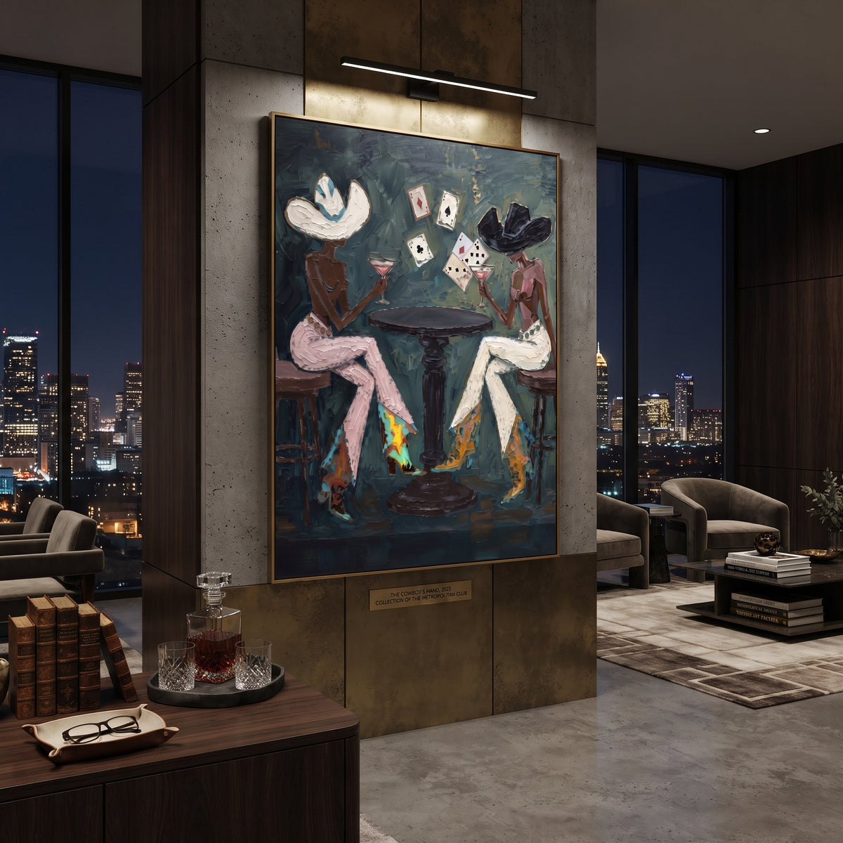 Three Player Dark Poker Table focuses on three player dark poker table with two western figures, wide hats, black table or bar surface, martini glasses, floating playing cards, and dark olive saloon ground. The composition is built from the exact pose, clothing shape, accessories, furniture, animal form, shoreline, palm shape, surfboard, or table arrangement visible in this artwork, so the image reads as a specific modern figurative painting rather than a generic decorative abstract. The green
