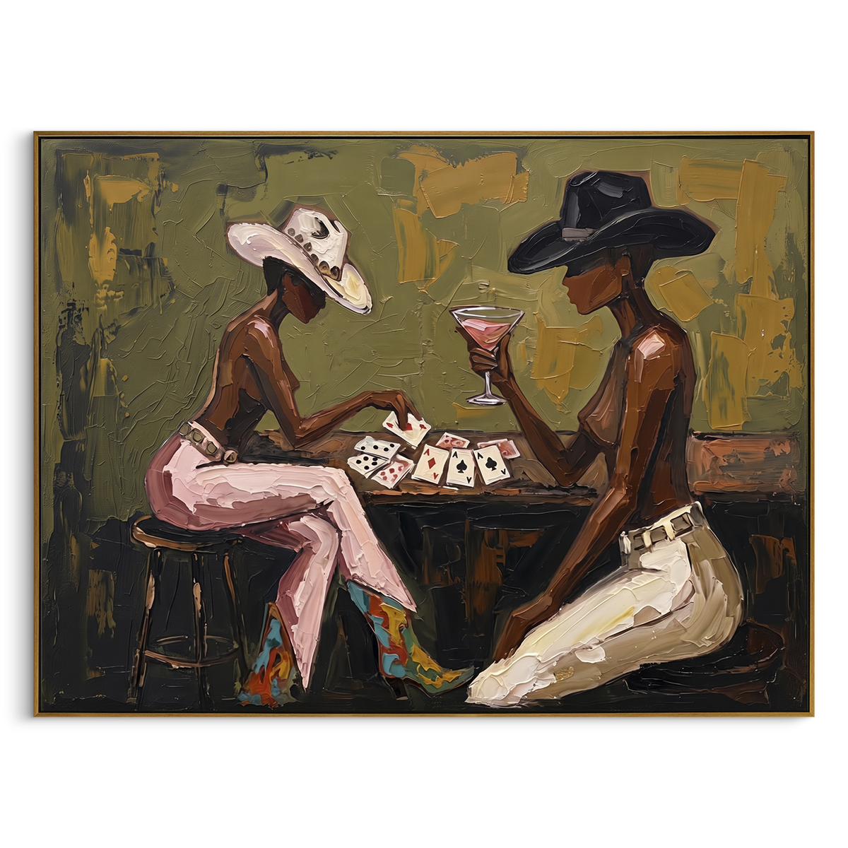 "Cowgirl Poker Close Table" - Modern Heavy Impasto Beach Figure Artwork | Green & Pink Palette Knife Painting | Luxury Horizontal Wall Art #PT 2717