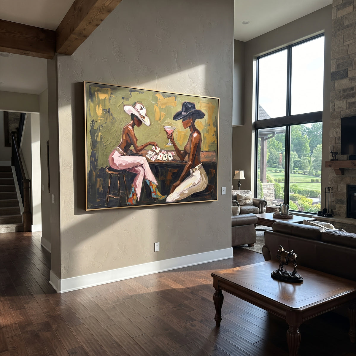 Cowgirl Poker Close Table focuses on cowgirl poker close table with two western figures, wide hats, black table or bar surface, martini glasses, floating playing cards, and dark olive saloon ground. The composition is built from the exact pose, clothing shape, accessories, furniture, animal form, shoreline, palm shape, surfboard, or table arrangement visible in this artwork, so the image reads as a specific modern figurative painting rather than a generic decorative abstract. The green; pink