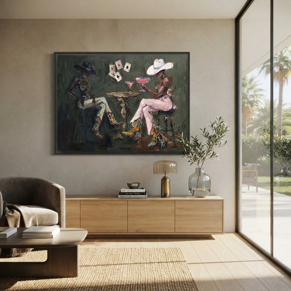 "Dark Triple Chair Card Game" - Modern Heavy Impasto Beach Figure Artwork | Green & Pink Palette Knife Painting | Luxury Horizontal Wall Art #PT 2718
