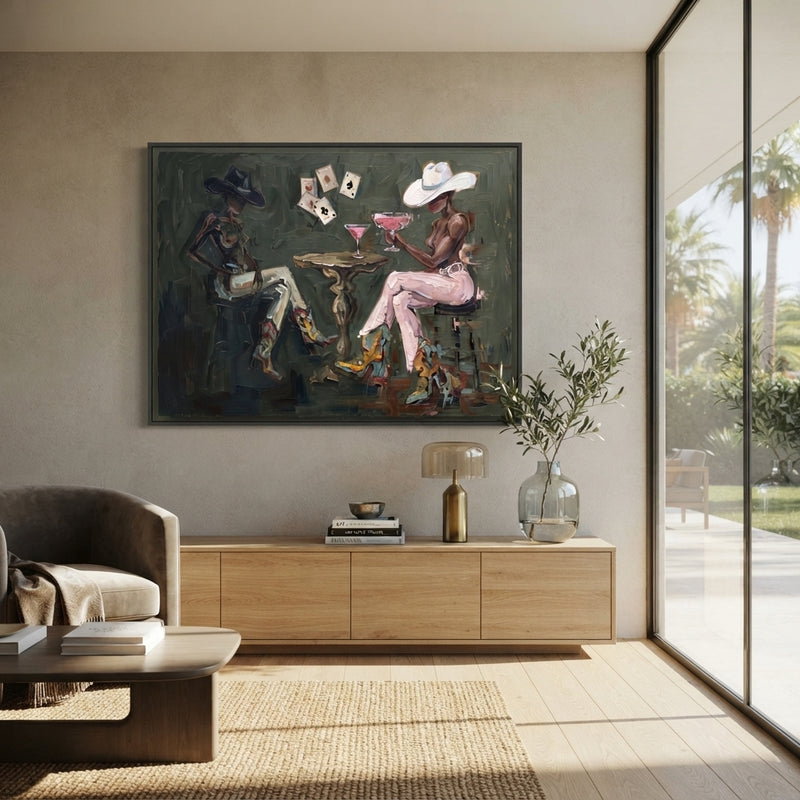 "Dark Triple Chair Card Game" - Modern Heavy Impasto Beach Figure Artwork | Green & Pink Palette Knife Painting | Luxury Horizontal Wall Art #PT 2718