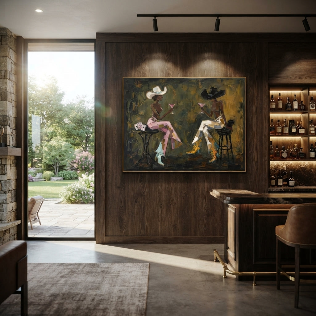 Olive Martini Card Conversation focuses on olive martini card conversation with two western figures, wide hats, black table or bar surface, martini glasses, floating playing cards, and dark olive saloon ground. The composition is built from the exact pose, clothing shape, accessories, furniture, animal form, shoreline, palm shape, surfboard, or table arrangement visible in this artwork, so the image reads as a specific modern figurative painting rather than a generic decorative abstract. The