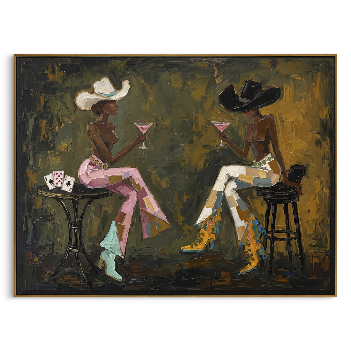 "Olive Martini Card Conversation" - Modern Heavy Impasto Beach Figure Artwork | Green & Pink Palette Knife Painting | Luxury Horizontal Wall Art #PT 2719
