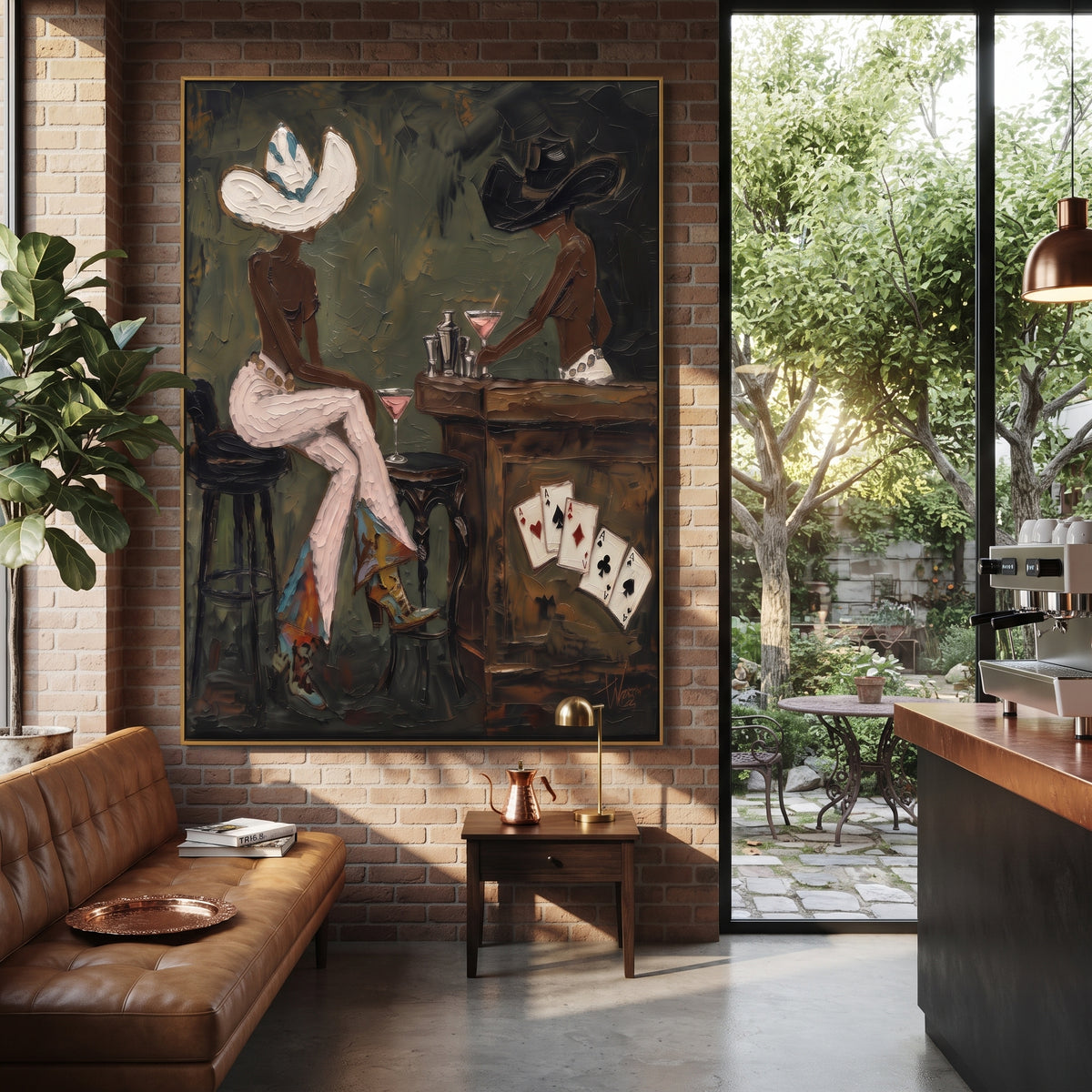 Tall Bar Table Cowgirls focuses on tall bar table cowgirls with two western figures, wide hats, black table or bar surface, martini glasses, floating playing cards, and dark olive saloon ground. The composition is built from the exact pose, clothing shape, accessories, furniture, animal form, shoreline, palm shape, surfboard, or table arrangement visible in this artwork, so the image reads as a specific modern figurative painting rather than a generic decorative abstract. The green; pink; black