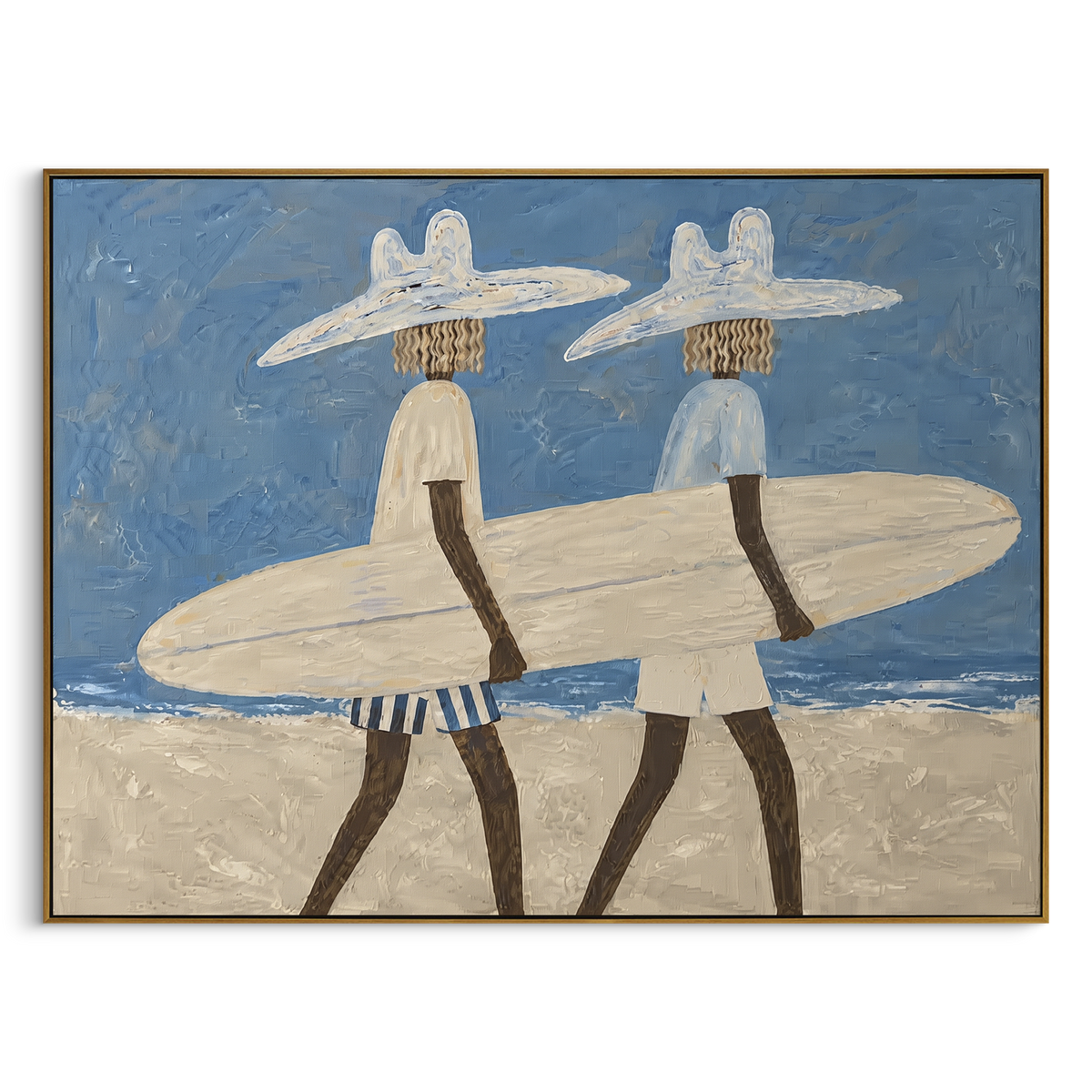 "Two Surfers Sand Walk" - Modern Heavy Impasto Beach Figure Artwork | Blue & White Palette Knife Painting | Luxury Horizontal Wall Art #PT 2725