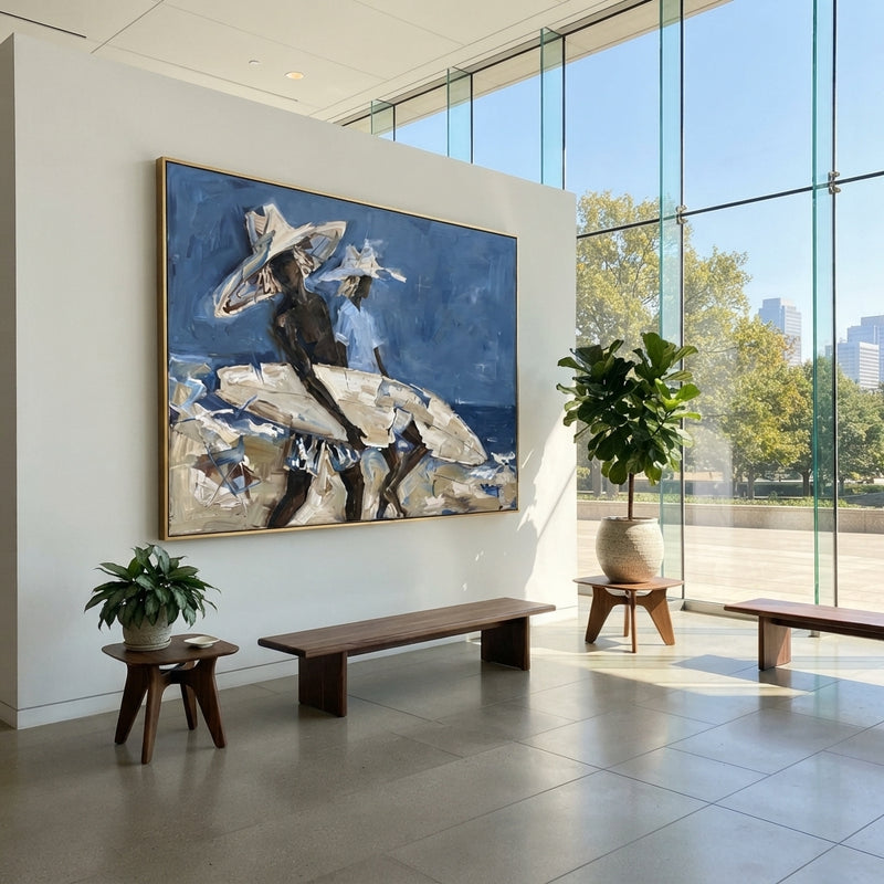 "Blue Wave Surfboard Figures" - Modern Heavy Impasto Beach Figure Artwork | Blue & White Palette Knife Painting | Luxury Horizontal Wall Art #PT 2726