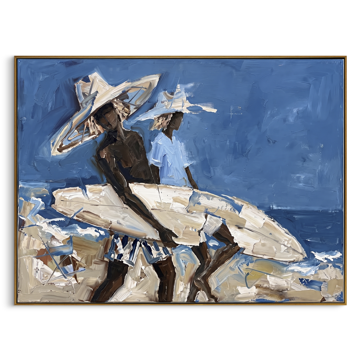 Blue Wave Surfboard Figures focuses on blue wave surfboard figures with white hats, surfboard forms, beach horizon, palm or checkered floor details. The composition is built from the exact pose, clothing shape, accessories, furniture, animal form, shoreline, palm shape, surfboard, or table arrangement visible in this artwork, so the image reads as a specific modern figurative painting rather than a generic decorative abstract. The blue; white; sand palette gives the piece its main atmosphere