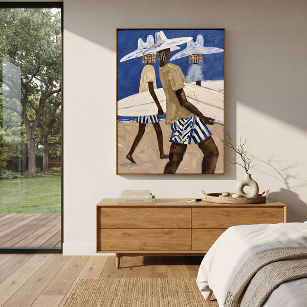 "Palm Surfboard Checkered Walk" - Modern Heavy Impasto Beach Figure Artwork | Blue & White Palette Knife Painting | Luxury Vertical Wall Art #PT 2727