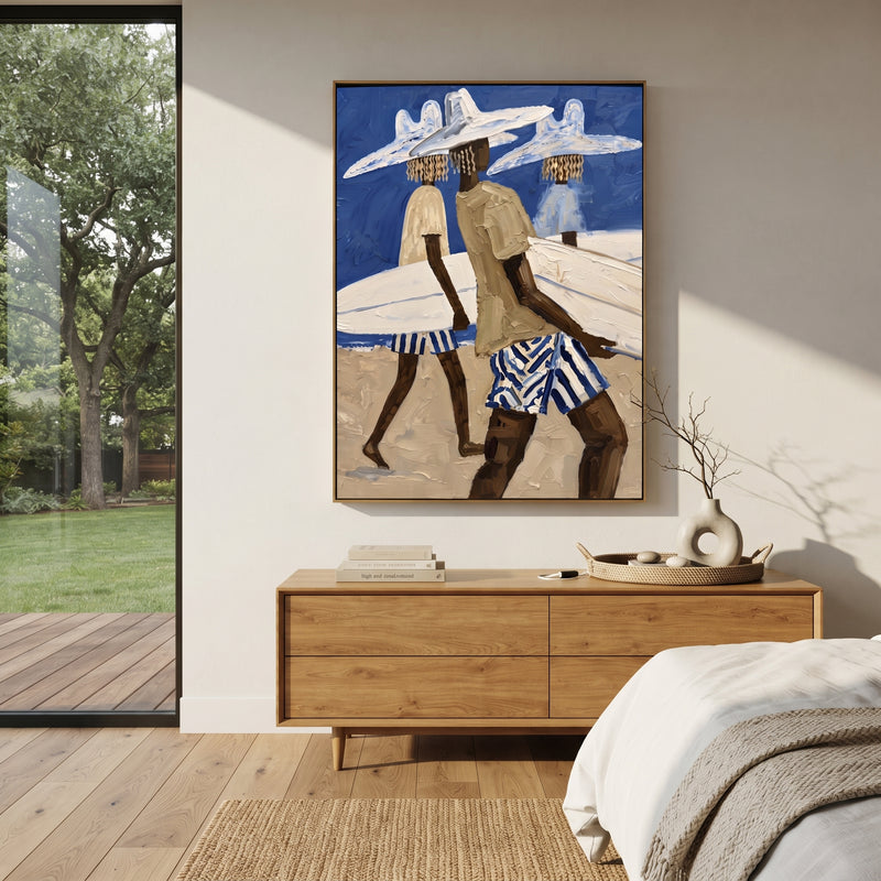 "Palm Surfboard Checkered Walk" - Modern Heavy Impasto Beach Figure Artwork | Blue & White Palette Knife Painting | Luxury Vertical Wall Art #PT 2727