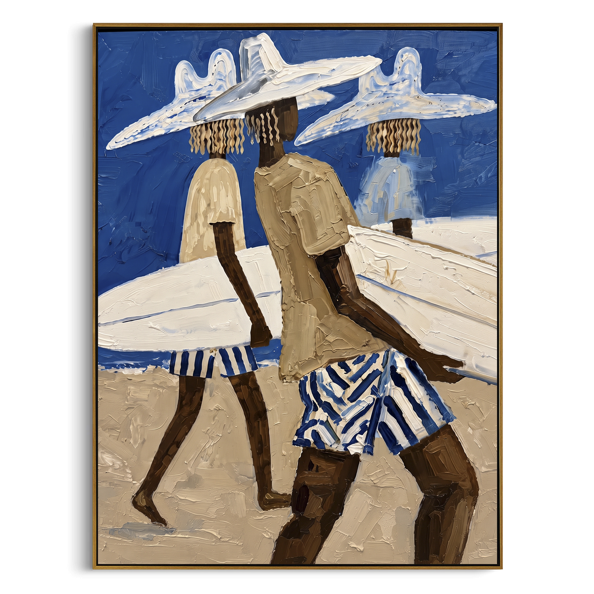 Palm Surfboard Checkered Walk focuses on palm surfboard checkered walk with white hats, surfboard forms, beach horizon, palm or checkered floor details. The composition is built from the exact pose, clothing shape, accessories, furniture, animal form, shoreline, palm shape, surfboard, or table arrangement visible in this artwork, so the image reads as a specific modern figurative painting rather than a generic decorative abstract. The blue; white; sand palette gives the piece its main
