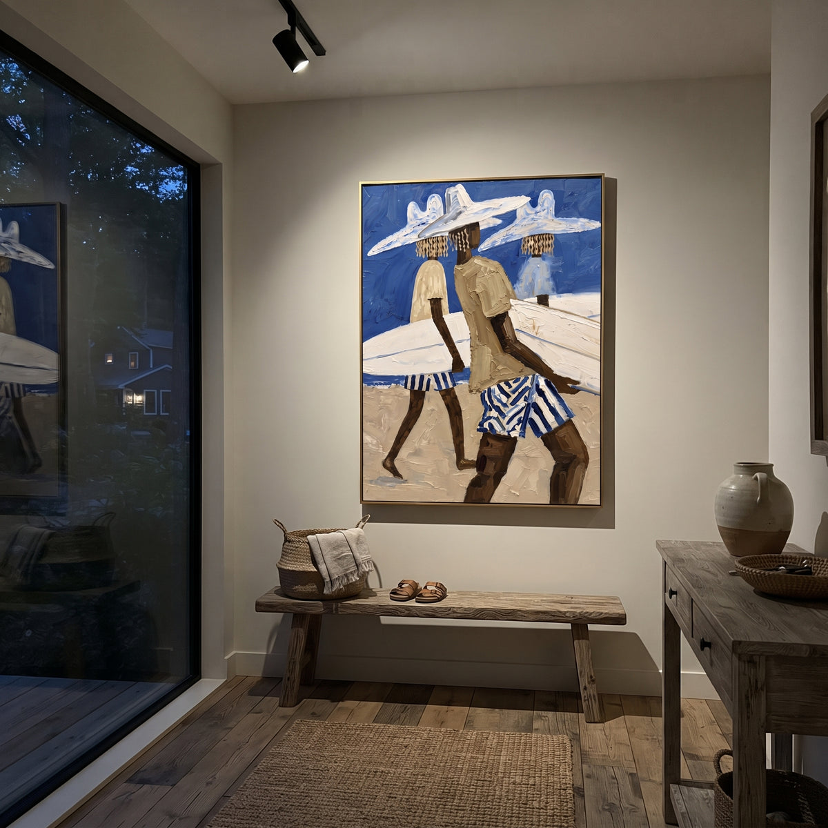 Palm Surfboard Checkered Walk focuses on palm surfboard checkered walk with white hats, surfboard forms, beach horizon, palm or checkered floor details. The composition is built from the exact pose, clothing shape, accessories, furniture, animal form, shoreline, palm shape, surfboard, or table arrangement visible in this artwork, so the image reads as a specific modern figurative painting rather than a generic decorative abstract. The blue; white; sand palette gives the piece its main