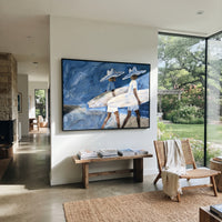Palm Wall Surfboard Figure focuses on palm wall surfboard figure with white hats, surfboard forms, beach horizon, palm or checkered floor details. The composition is built from the exact pose, clothing shape, accessories, furniture, animal form, shoreline, palm shape, surfboard, or table arrangement visible in this artwork, so the image reads as a specific modern figurative painting rather than a generic decorative abstract. The blue; white; sand palette gives the piece its main atmosphere