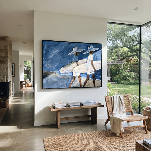 "Palm Wall Surfboard Figure" - Modern Heavy Impasto Beach Figure Artwork | Blue & White Palette Knife Painting | Luxury Horizontal Wall Art #PT 2728