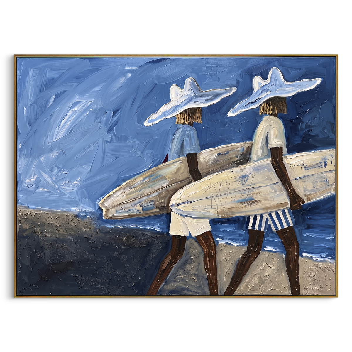 "Palm Wall Surfboard Figure" - Modern Heavy Impasto Beach Figure Artwork | Blue & White Palette Knife Painting | Luxury Horizontal Wall Art #PT 2728