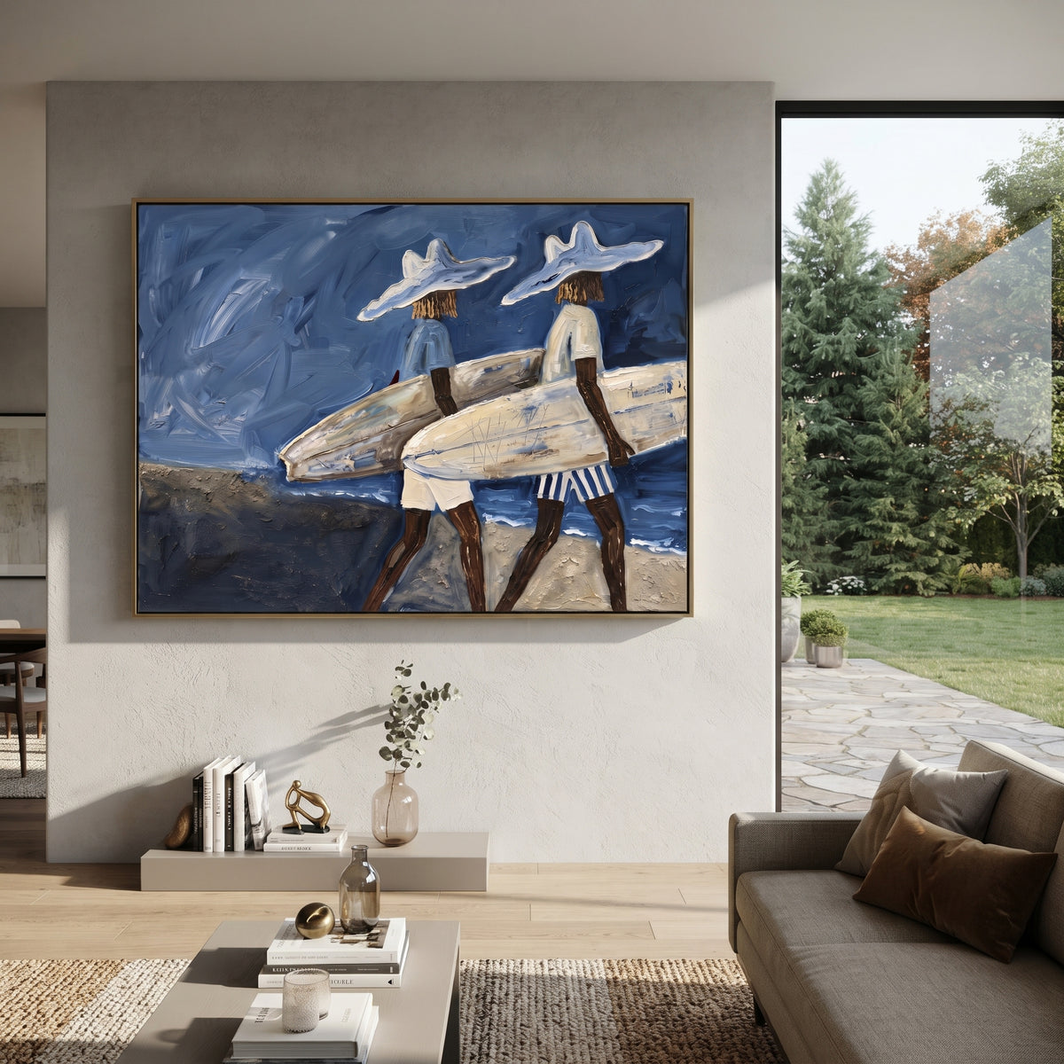 Palm Wall Surfboard Figure focuses on palm wall surfboard figure with white hats, surfboard forms, beach horizon, palm or checkered floor details. The composition is built from the exact pose, clothing shape, accessories, furniture, animal form, shoreline, palm shape, surfboard, or table arrangement visible in this artwork, so the image reads as a specific modern figurative painting rather than a generic decorative abstract. The blue; white; sand palette gives the piece its main atmosphere